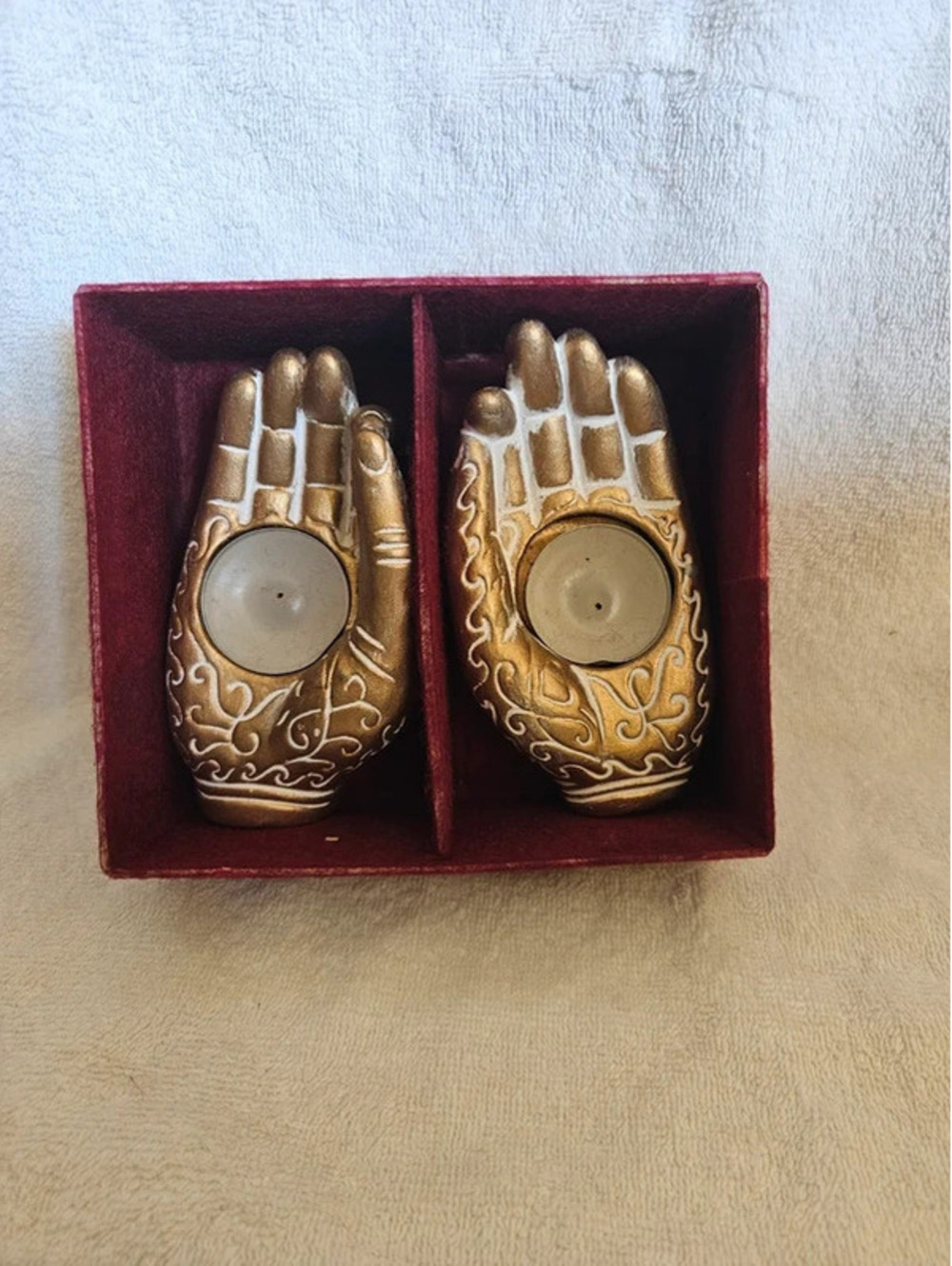 Vintage Pair Gold Painted Henna Hand Tealight Holders Tarot Reader Boho 5"